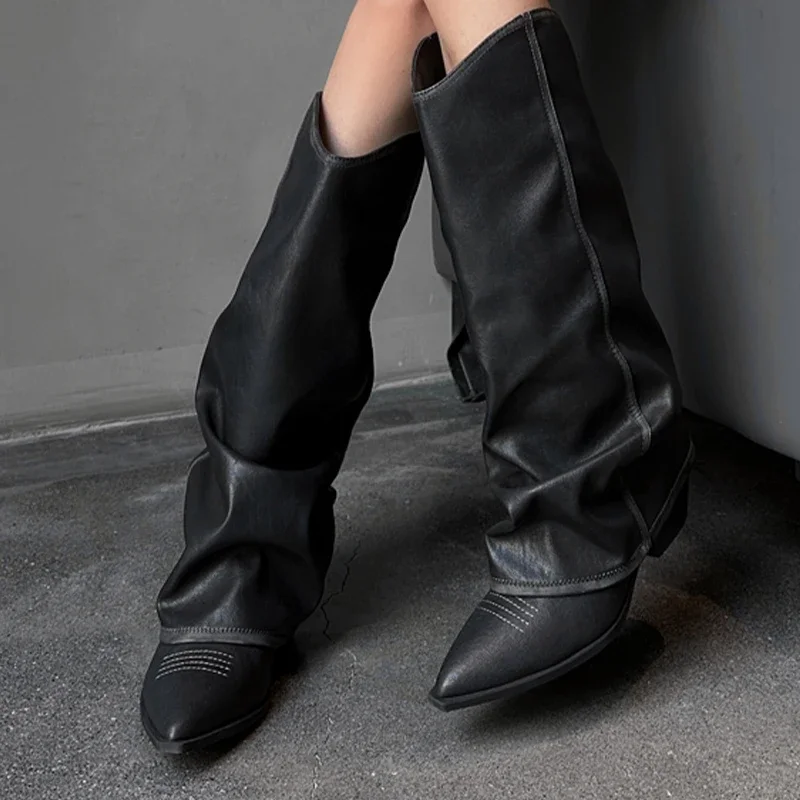 

Women's Black Knee High Boots, 2025 Autumn New Style, Large Round Toe Stacking Boots, Fashionable High-heeled Pants Boots