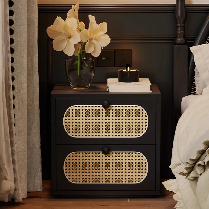 Black Woven Rattan Nightstand Mid-Century Modern Bedside Table Solid Wood Storage Cabinet Luxury Bedroom Organizer Furniture