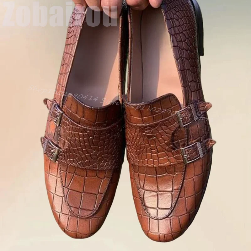 

Brown Alligator Print Buckle Decor Double Monk Loafers Fashion Slip On Men Shoes Luxury Handmade Party Banquet Men Dress Shoes
