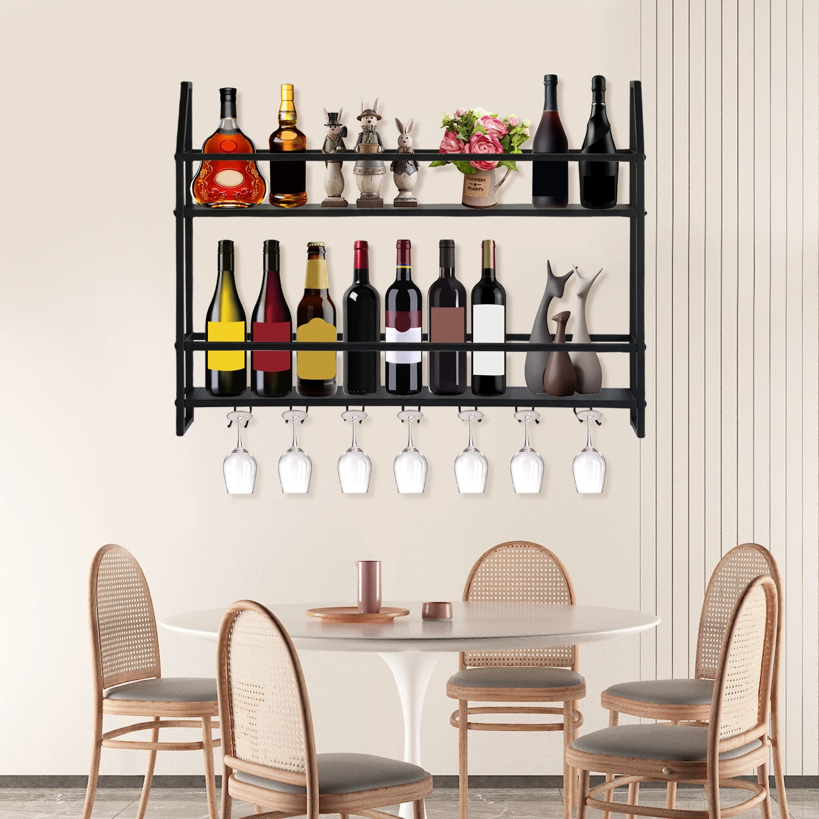 Wall Mounted Iron Wine Rack Bottle Champagne Glass Holder Shelves Bar Home Party Light and Strong Durable Unique Design Decor