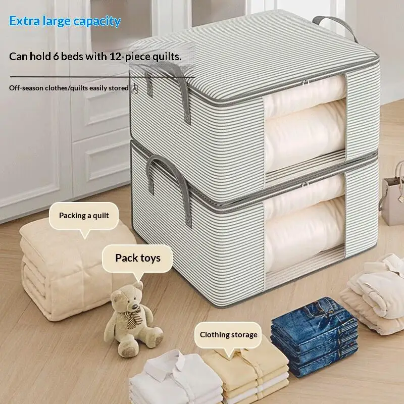~Visible Large Capacity Storage Box Portable Household Clothes Organizer With Handles Foldable Dustproof Quilt Zipper Container