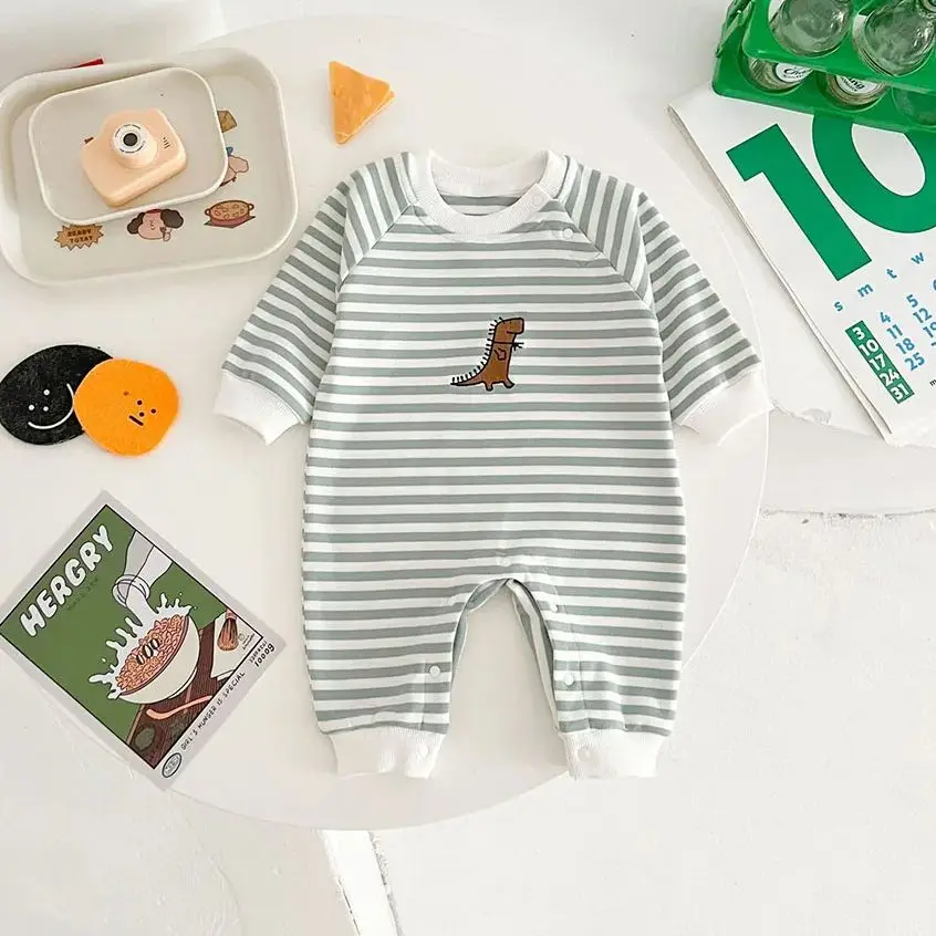 Baby Cute Dinosaur Rompers Infant Boys Striped Embroidery Jumpsuit 0-2T Toddler Long Sleeved Outwear Clothes