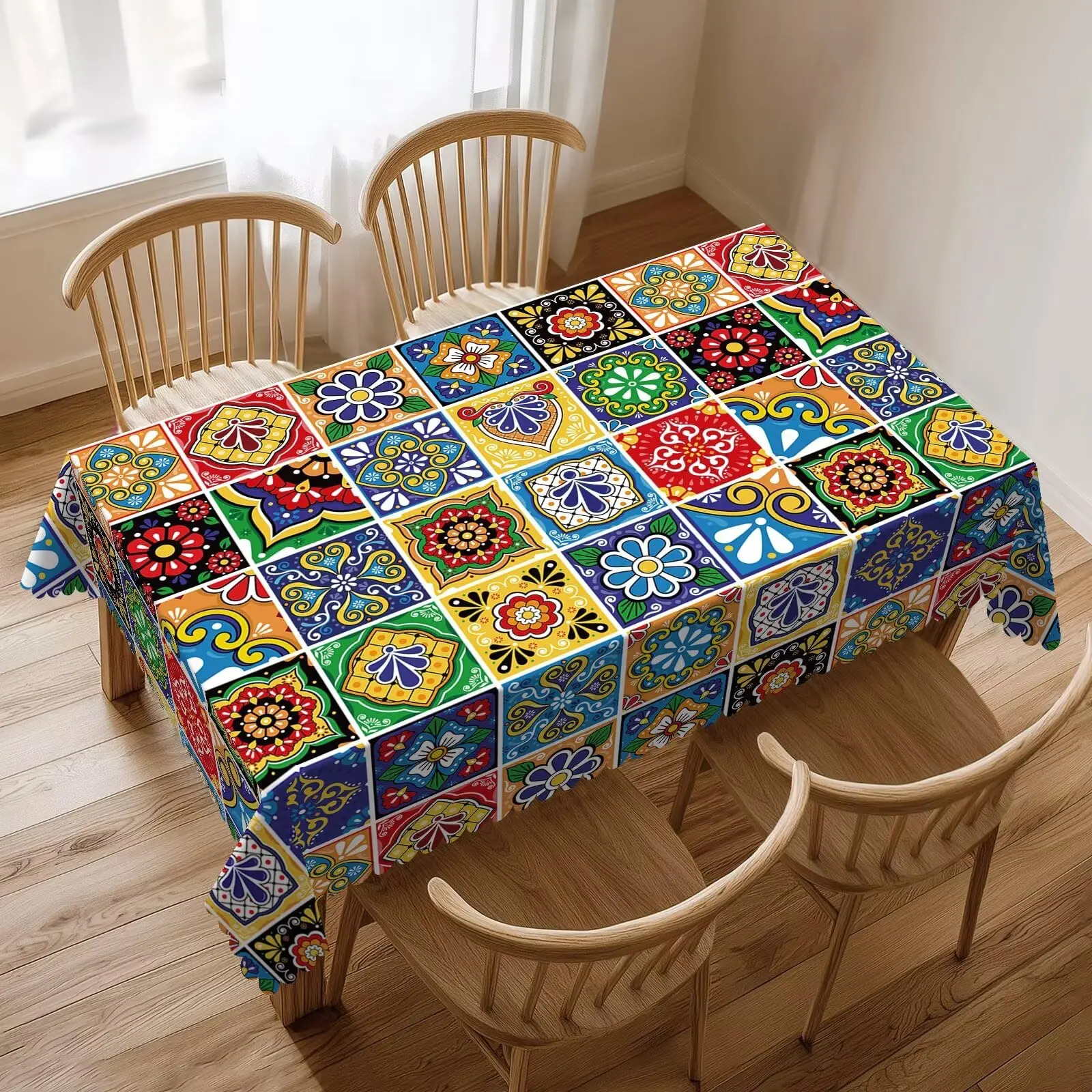 Talavera Fliesen-Tischdecke Farbenfrohe Retro Traditionelle Fliesen Volksmäßige Rechteckige Tischdecke Waschbare Tischabdeckung für Partys