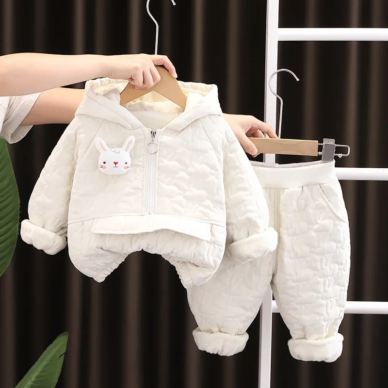 Autumn Winter Baby Girls Clothing Set Solid Color Lining Plush Thick Rabbit Pullover+Pants 2Pcs Suit For 1-5Y Kids Casual Outfit