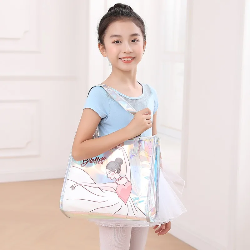 Cute Ballet Dance Bag Personalized Ballerina Laser Print Jelly Tote Handbag for Gym School Girls Big Capacity Costume Accessory