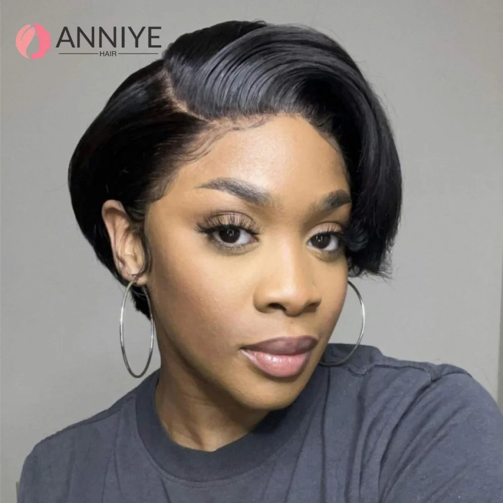 Прямой парик 13x4 с короткой стрижкой пикси, кружевной передний парик для женщин, черный прозрачный фронтальный парик с стрижкой пикси, многослойные прямые парики с стрижкой пикси