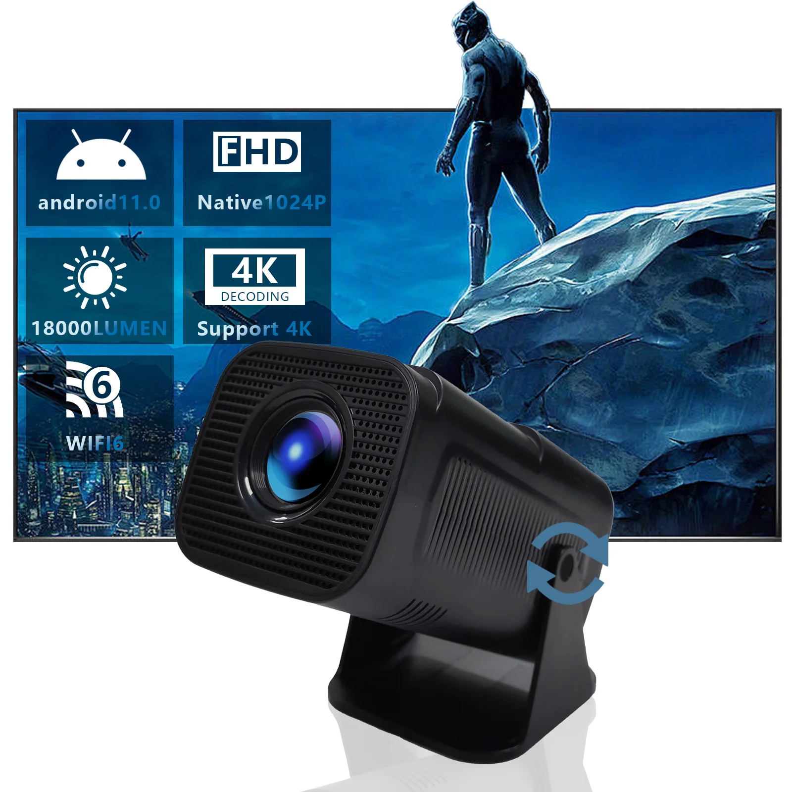 Mini Portable Projector 4K 1080P Full HD 5G WiFi 6 BT5.0 Automatic Horizontal Correction 180° Rotatable Outdoor Smart Projector