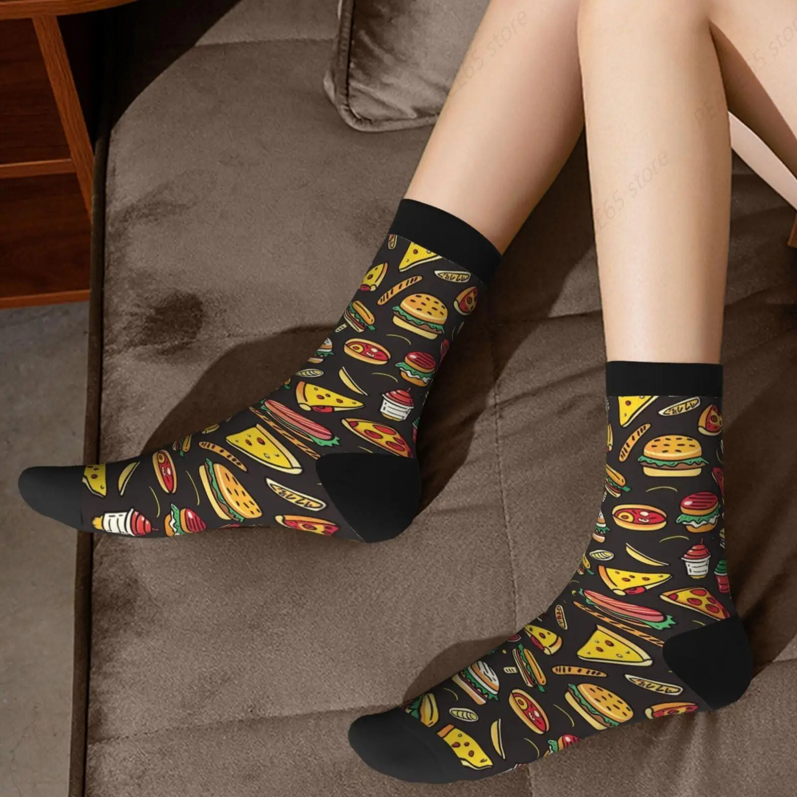 Cartoon Fast Food Pizza Hamburger Adult Socks Novelty Crew Socks Crazy Dress Socks Fun Colorful Novelty Graphic Crew Tube Socks