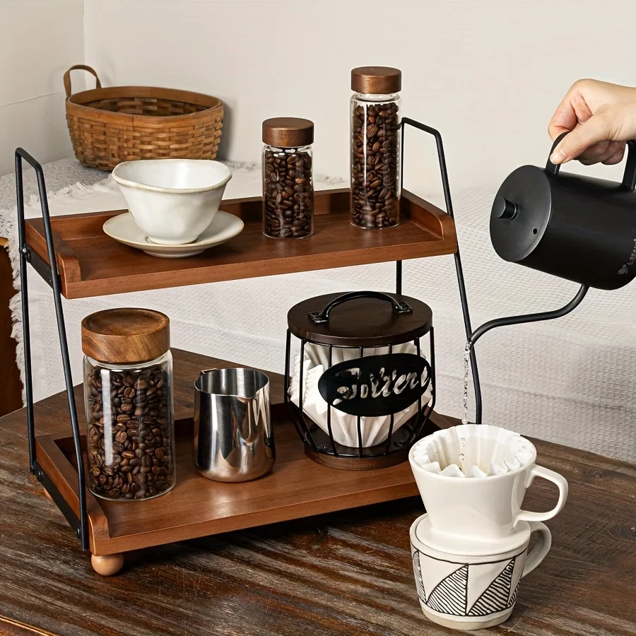 

2-Tier Farmhouse Coffee Bar Organizer, Wood & Metal Countertop Shelf for Kitchen & Bathroom, Rustic Display Tray for Mugs