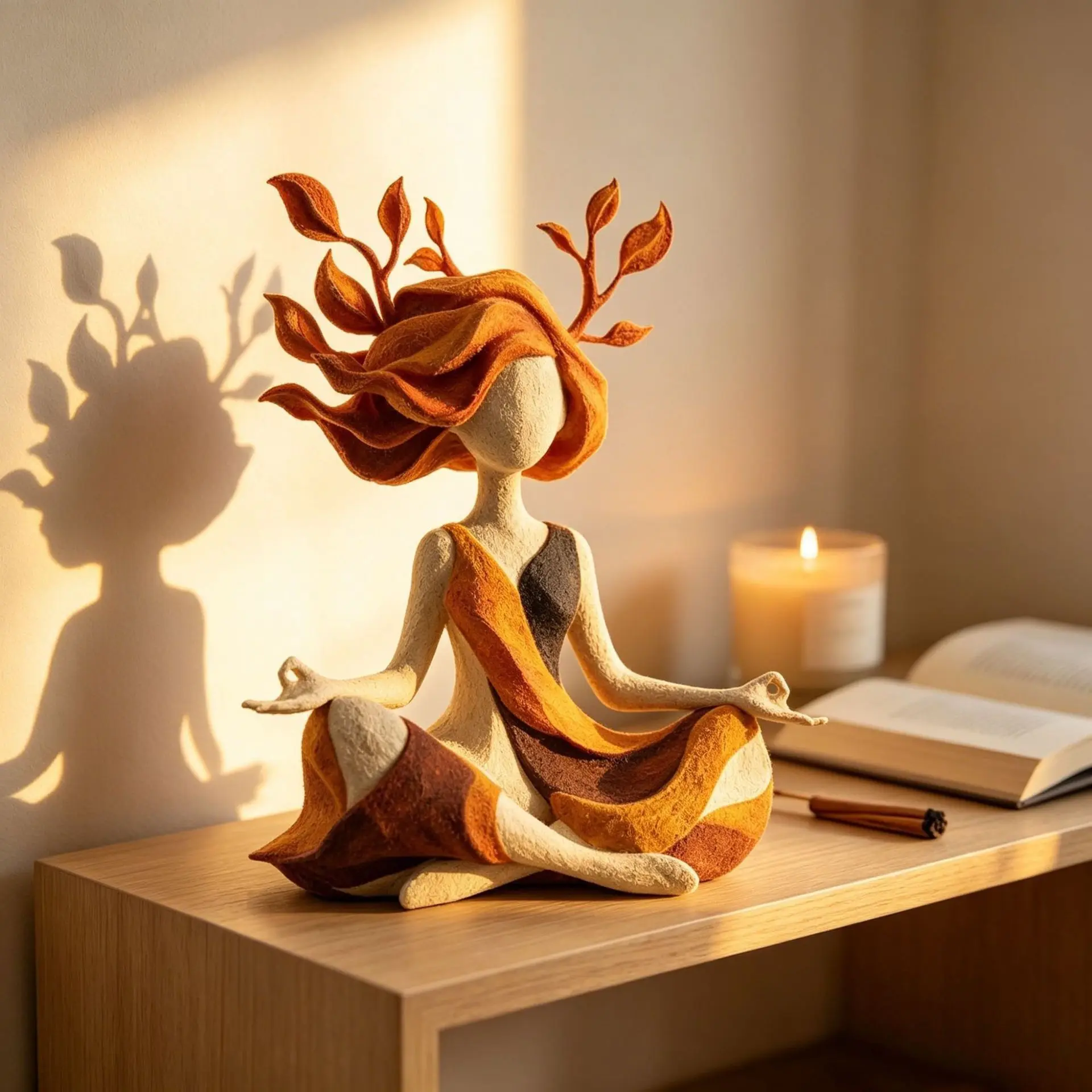 Autumn Leaf Hair Yoga Girl Figurine Resin Felt Texture Meditation Statue Home Office Desktop Decor For Lovers Calming Spiritual