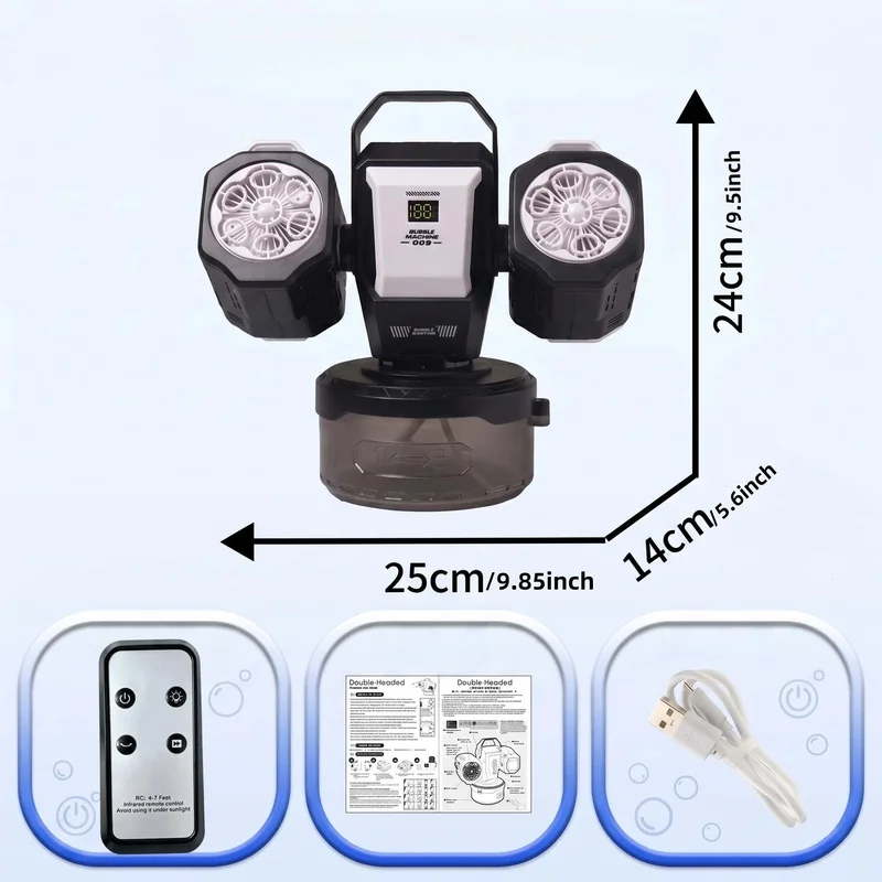 2026 Double Head Bubble Machine Type-C Rechargeable Remote 360° Rotating RGB Light 35000+ Bubbles/Min Kids Party Outdoor