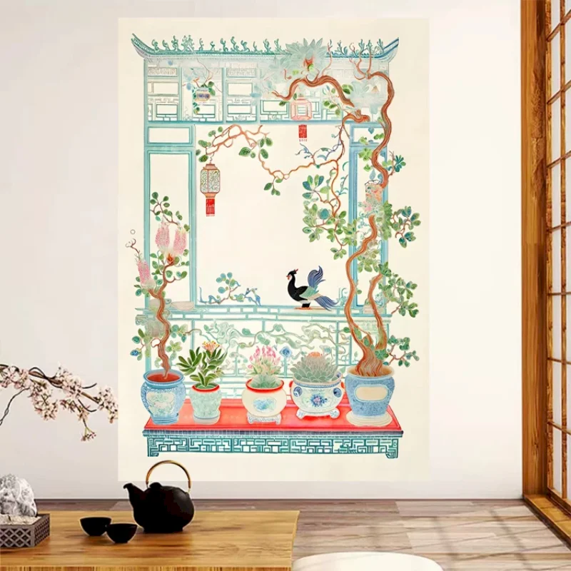 VIKAMA Chinese Tapestry Wall Hanging Traditional Garden Window Potted Plant Peacock Lantern Oriental Decor