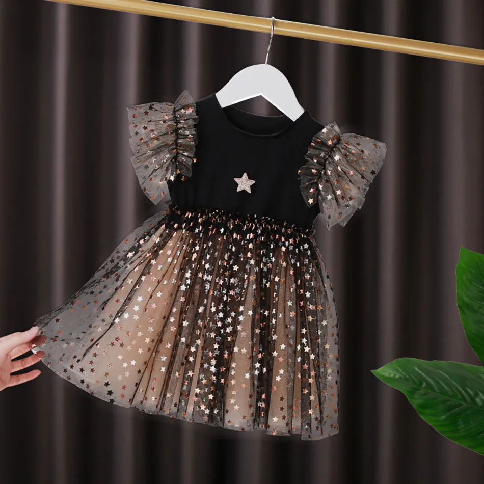 2024 nuove ragazze di estate stelle tulle tutu vestito per bambini fodera in cotone morbido maglia vestito estivo bambini moda coreana vestiti da