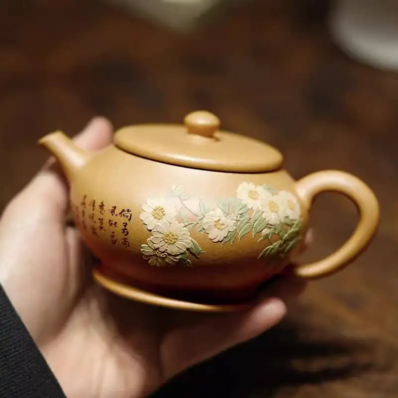[Tea Pot Collection]Yixing Original Purple Clay Teapot By Fan Minfeng, Purely Handmade, Golden Section Clay, Daisy Painting,