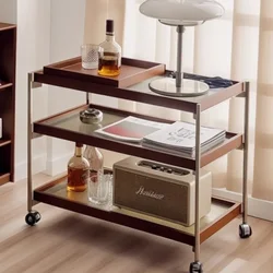 Scandinavian Minimalist Bedside Corner Table Retro Rolling Cart Mobile Coffee Table with Wheels for Bedroom Living Room