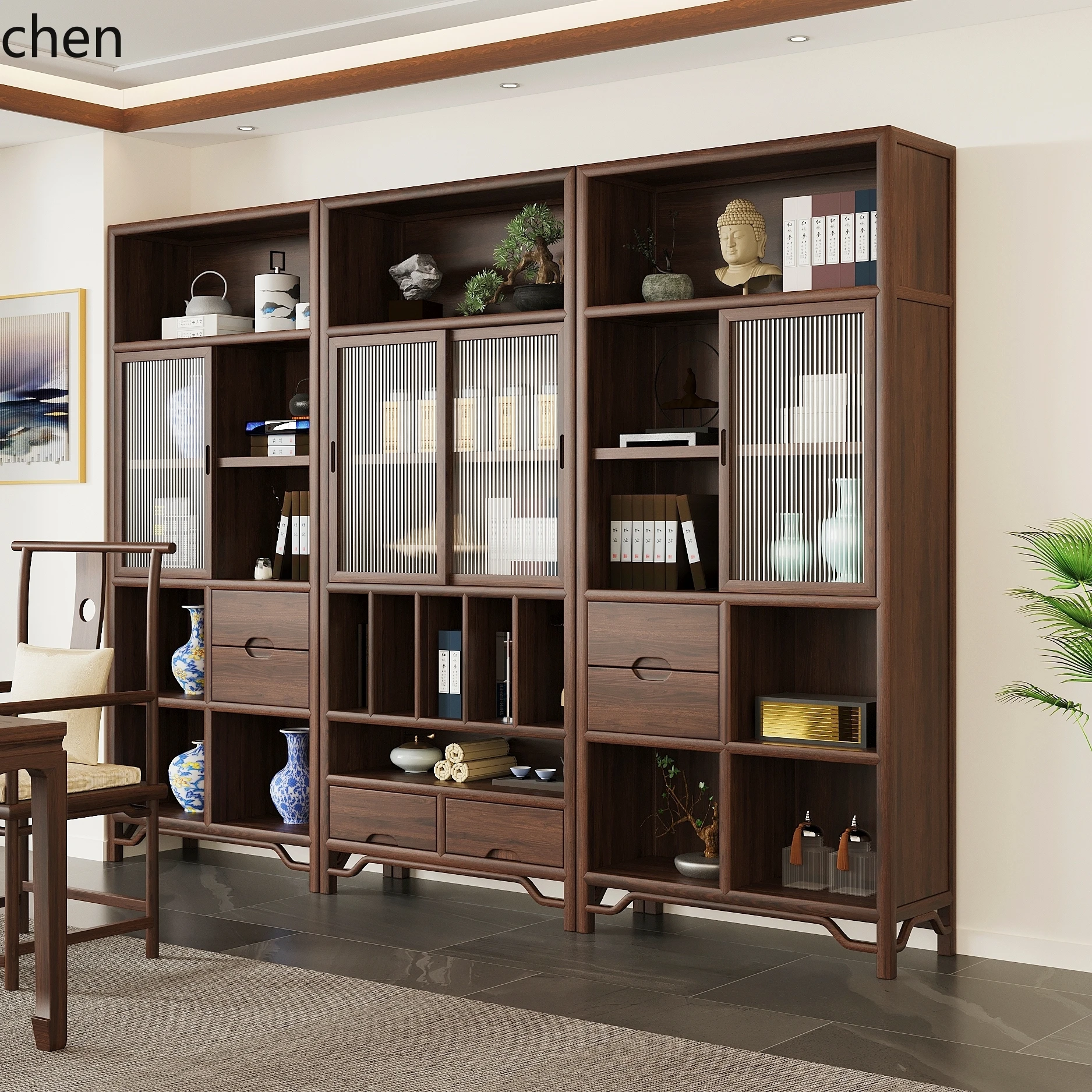 

LXC solid wood sliding glass bookshelf living room bookcase with cabinet door floor tea room locker