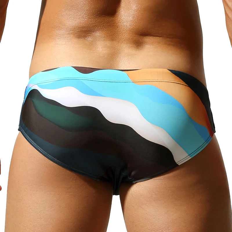 Men's Quick Dry Swim Briefs Colorful Wave Print Drawstring Bikini Trunks Low Waist Beach Swimwear Bathing Suits for Men swimsuit