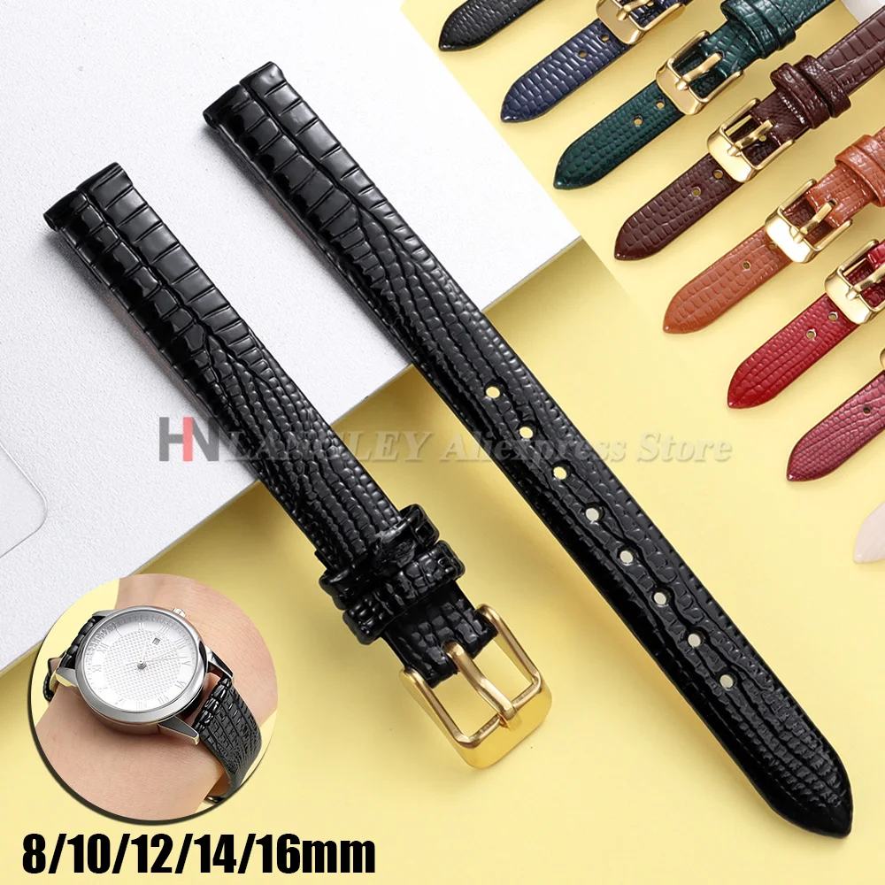 Soft Lizard Texture Leather Watch Band Pin Buckle Watch Straps for Women Men 8mm 10mm 12mm 14mm 16mm Black Brown Wristwatch Band