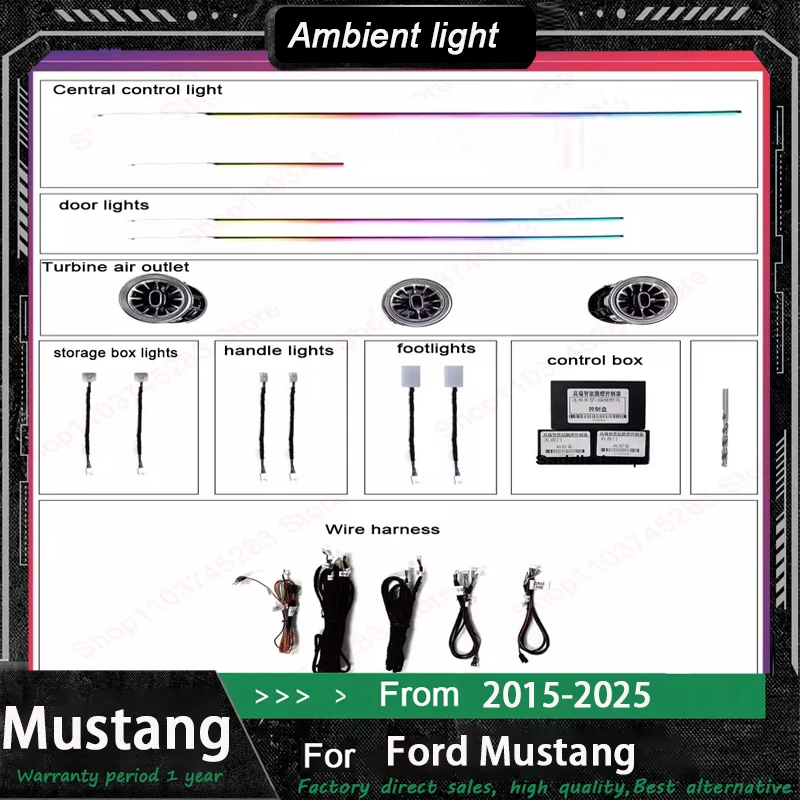 For Ford Mustang 2015 - 2025 LED Car Inner Ambient light  Lnstrument Air Conditioner Outlet Atmosphere Lamp button +APP control