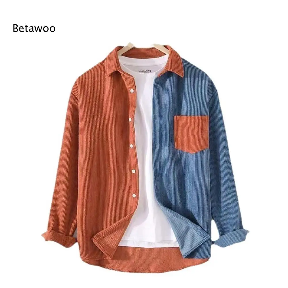 Men Daily Long Sleeve Lapel Collar Shirt Two Tone Ribbed Texture With Chest Pocket For Cool Weather Casual Daily Outfit For Men