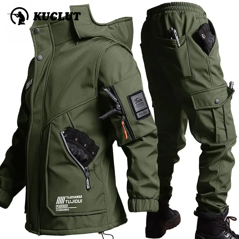 Mens Winter Combat Sets Solid Thickened Hooded Warm Tactics 2-piece Set Outdoors Windproof Fleece Multi Pocket Tactics Suits