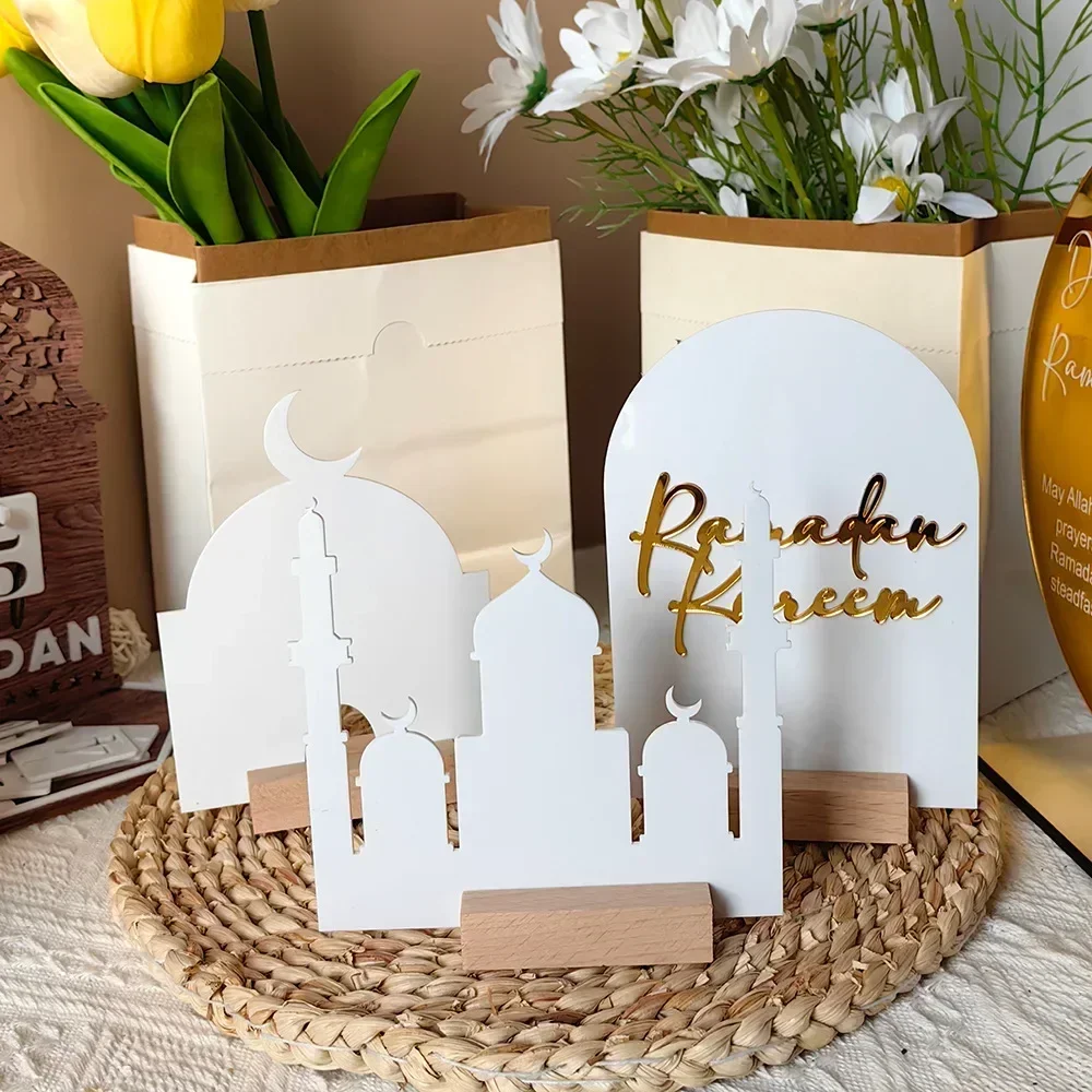 

Eid Mubarak Table Decor Acrylic Moon Star Castle with Wooden Base Tabletop 3set Ramadan Islamic Home Table Art Craft Decoration
