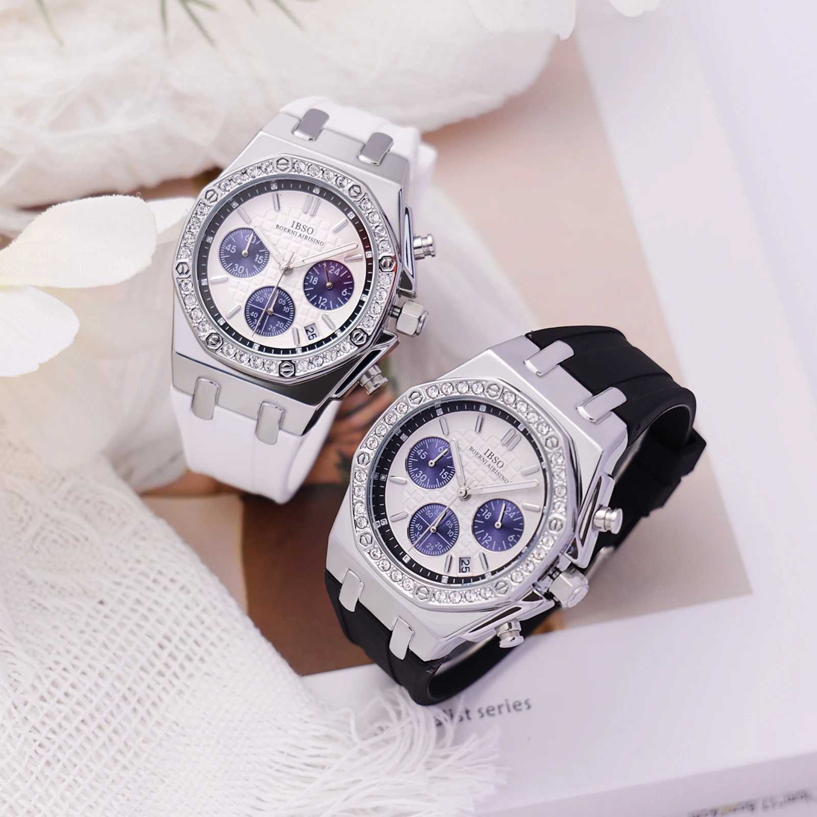 IBSO Three Eyes Women Quartz Watches Japanese Movement Ladies Clock Chronograph Stop Watch 3ATM Silicone Strap Stop Watch S9618