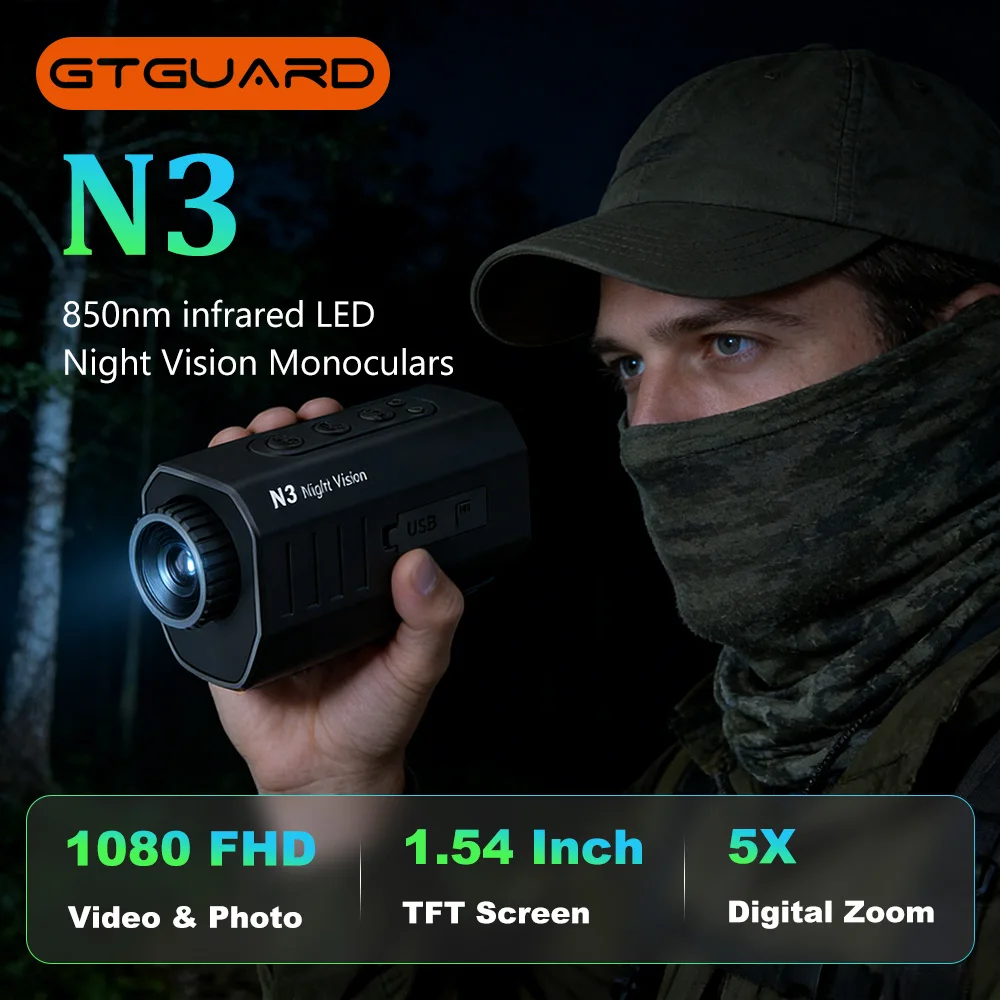 

Монокулярные очки GTGUARD N3 с инфракрасным ночным видением, телескоп с 1,54-дюймовым TFT HD-экраном, запись видео 1080P FHD, фото, ИК-подсветка для дневного и ночного использования