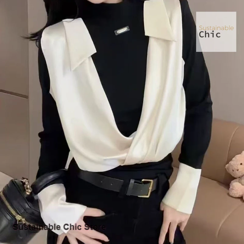 

Korean fake two-piece POLO neck long-sleeved T-shirt women's spring and autumn new large size slim drawstring bottoming coat