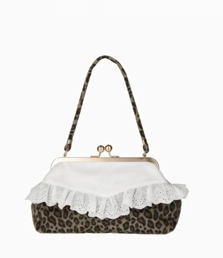 2026 New Japanese Style Elegant Handheld Lace Edge Shoulder Clasp Bag Women's Leopard Underarm Bag Tote Handbags for Women