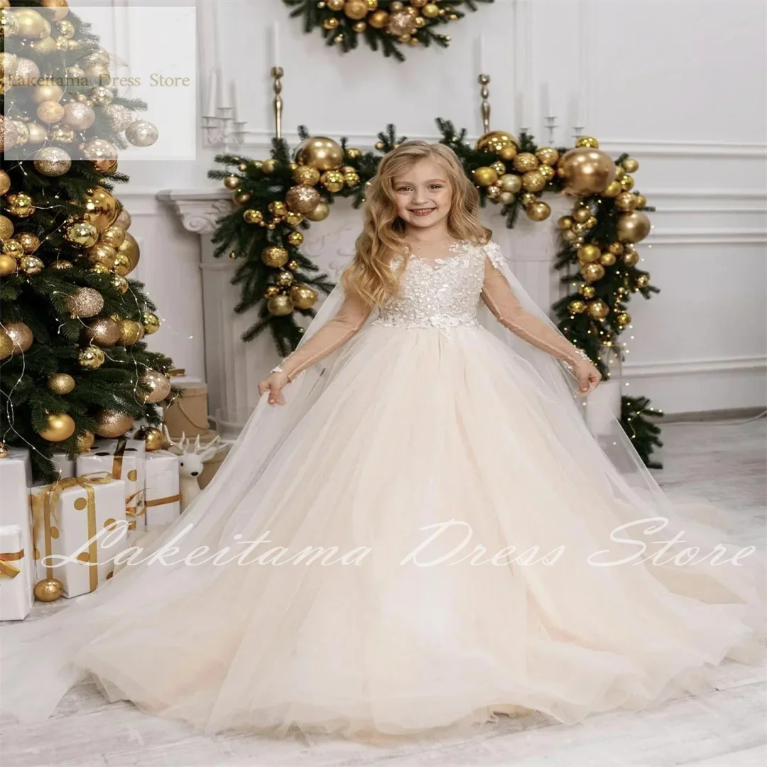 Tulle Puffy Elegant Flower Girl Dress For Wedding Full Sleeve First Communion Kids Birthday Party Princess Ball Gowns