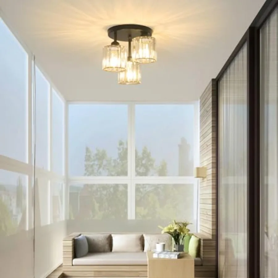 Crystal Semi Flush Mount Ceiling Light 3-Light Modern Close to Ceiling Light Fixtures Kitchen Light Fixtures with Clear Crystal