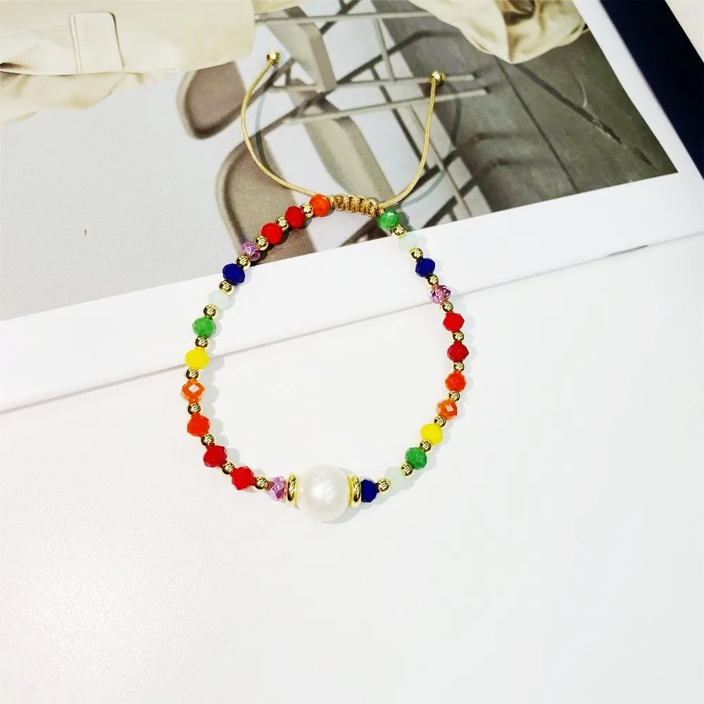 10 قطعة ، بوهو البوهيمي الصيف قوس قزح أساور لؤلؤ المياه العذبة أساور مجوهرات ملونة كريستال مطرز سوار للنساء
