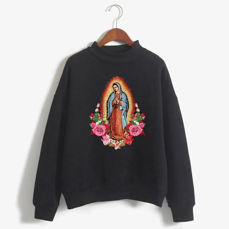 Sweter Wanita Gambar Cetak Virgin Mary Of Guadalupe Manis Korea Kerah O Rajutan Pullover Tebal Musim Gugur Warna Permen Pakaian Wanita