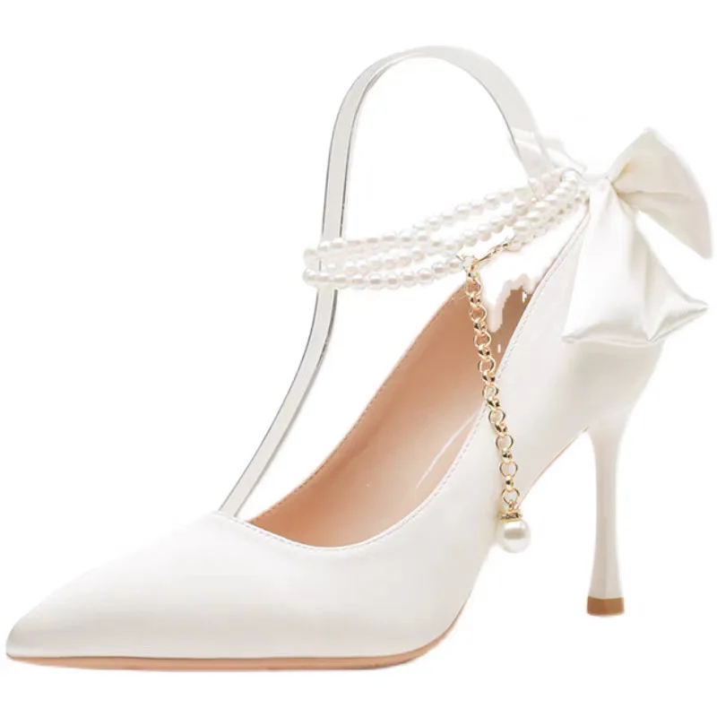 Size 35-40 Stiletto Heel Point Toe Pearls Buckle Belt 9cm High Heel Ladies Bow Satin Fabric White Wedding Shoes Women Pumps