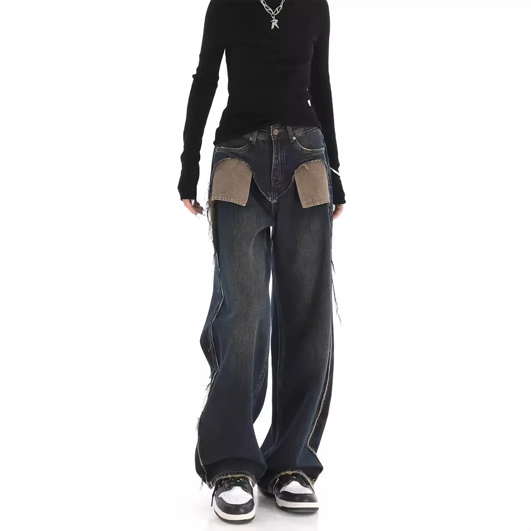 Niszowe Jeansy Kontrastowe Amerykańska High Street Niebieskie Surowe Wykończenie Szczotkowane Szerokie Nogawki Moda Jesień Zima 2025 Nowa Kolekcja