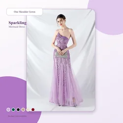 One Shoulder Sequin Mermaid Evening Dress for Women Sparkling Formal Prom Gown Bridesmaid Wedding Party Dress