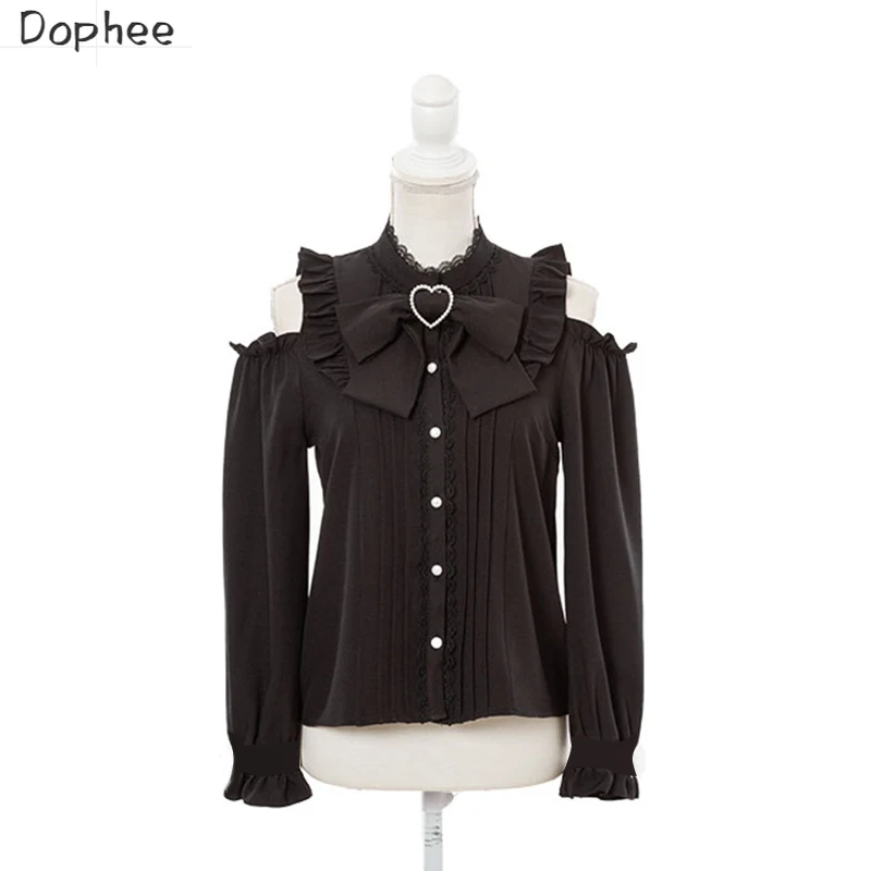 Dophee Dearmylove Landmine Series Women Blouses Off-the Shoulder Single-breasted Love Bow Japan Styles Shirt Cute Lolita Tops