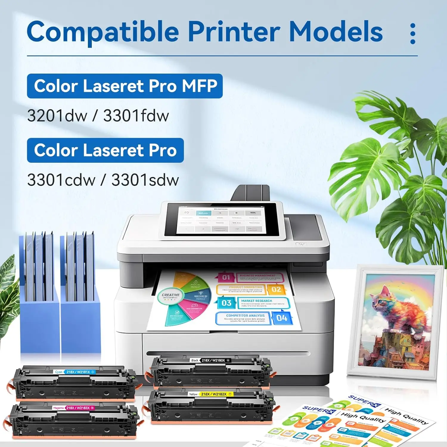 Toner Cartridges 4-Pack with Chip, Compatible Replacement for Color Laser Multifunction Printers (3301fdw, 3301cdw, 3201dw, 3301sdw), High Yield (Black, Cyan, Yellow, Magenta)