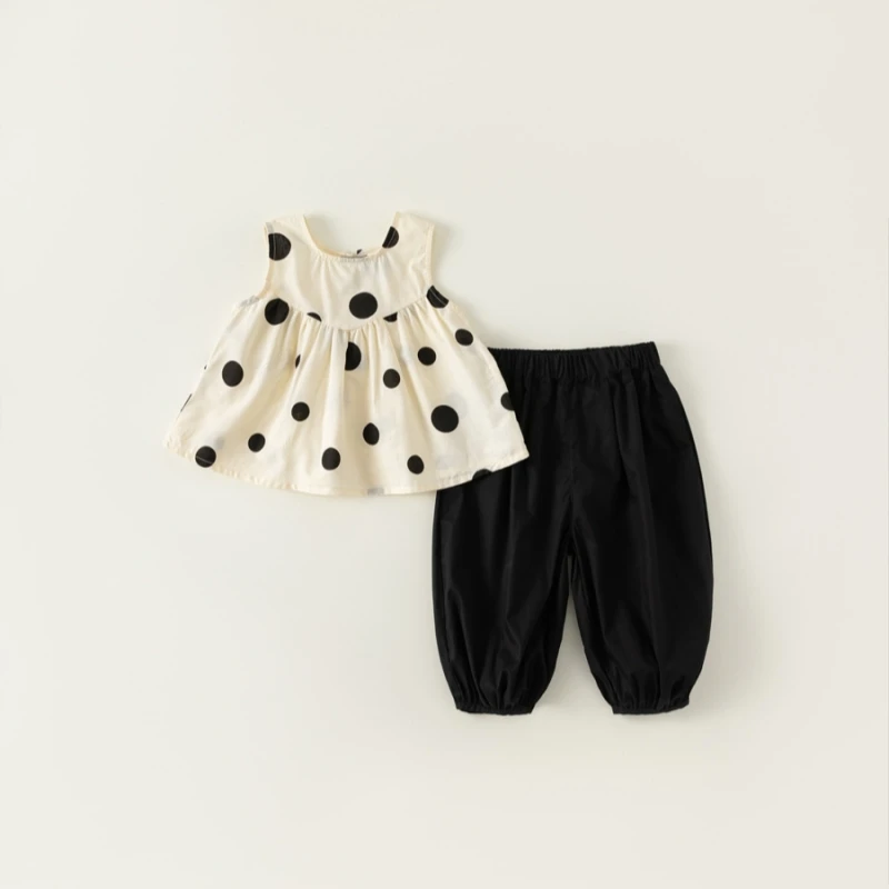 Summer Girls Polka Dot Print Sundress Set Kids Casual 2-Pcs sets Sleeveless O-neck Top + Pants