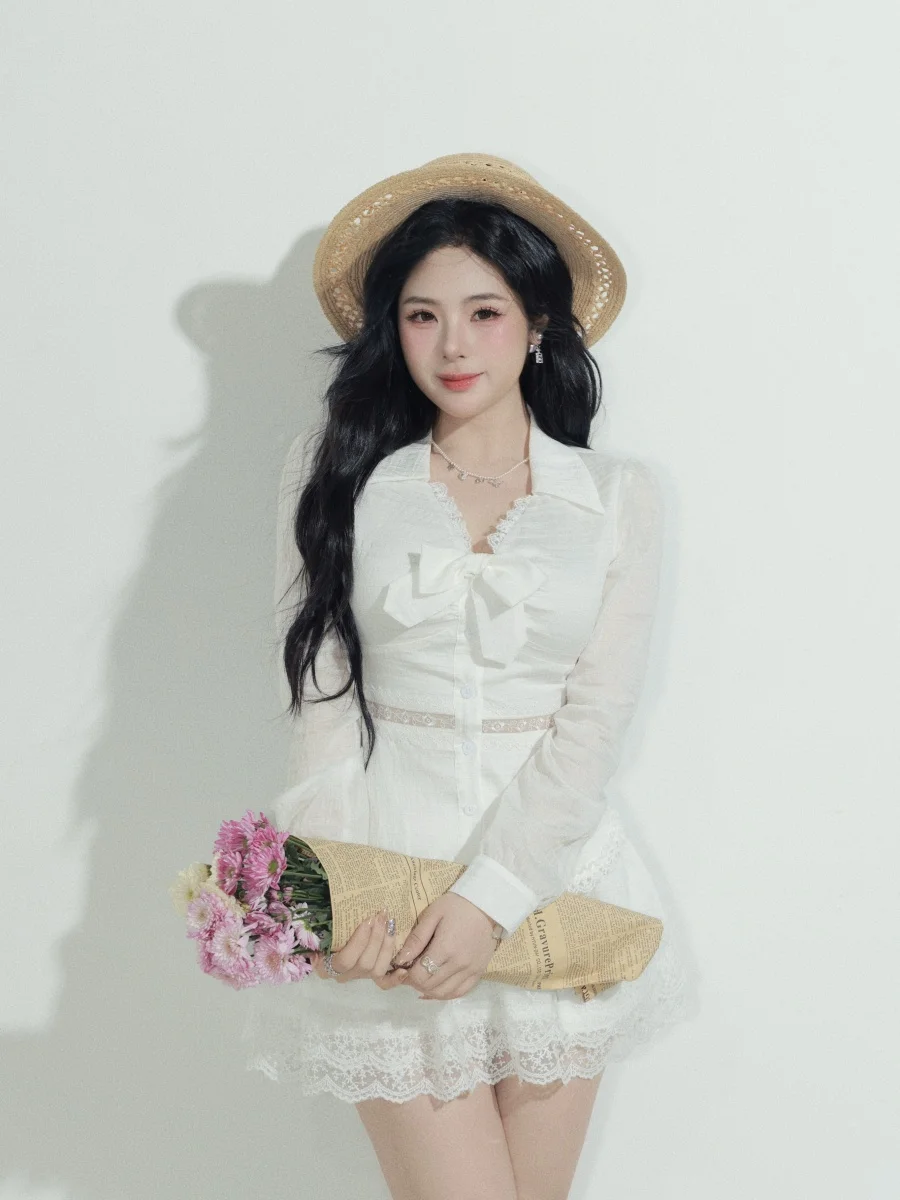 

Cute Face Hero Thousand Gold Dr Set White irt f Skirt Two Piece Suite Sweet Sle Long Sve Flip Collar Winter Fa...