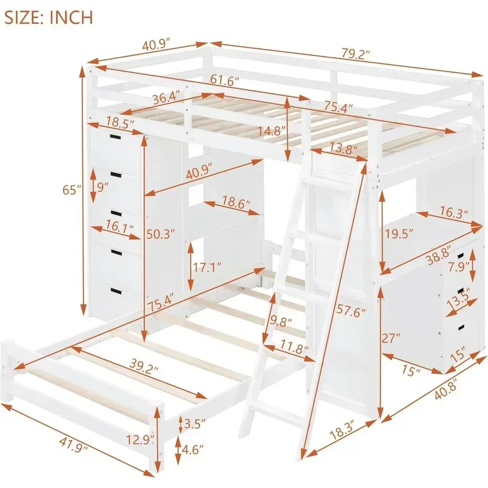 Bunk Beds, Twin Over Twin Bunk Beds with Built-in Desk & Shelves, Soild Wood Bed Frame with 5 Storage Drawers, Bed Furniture