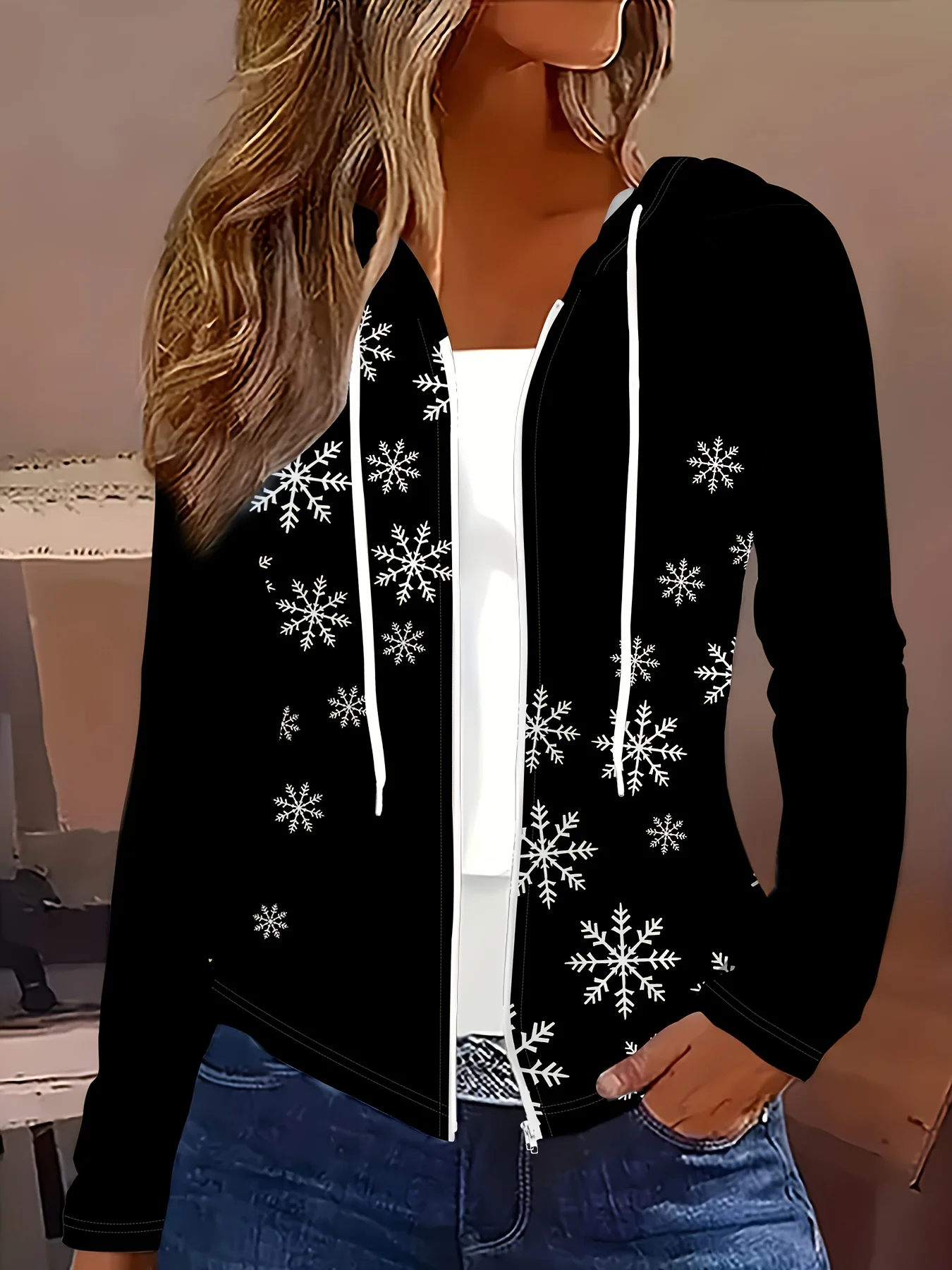 

Женская повседневная куртка с принтом в виде снежинок, в стиле кэжуал.