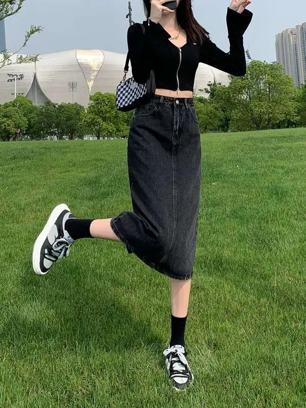 

Новая женская джинсовая юбка средней длины с высокой талией для весны, из ПВХ-ткани, для повседневной носки, в стиле Ciwalk Batwing