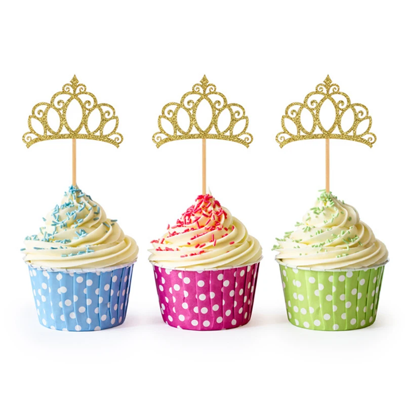 YOMDID 24 Stück Prinzessin Krone Cupcake Topper Glitzer Krone Topper Gold Krone Kuchen Topper Braut Hochzeit Geburtstag Party Supplies – Detail 7