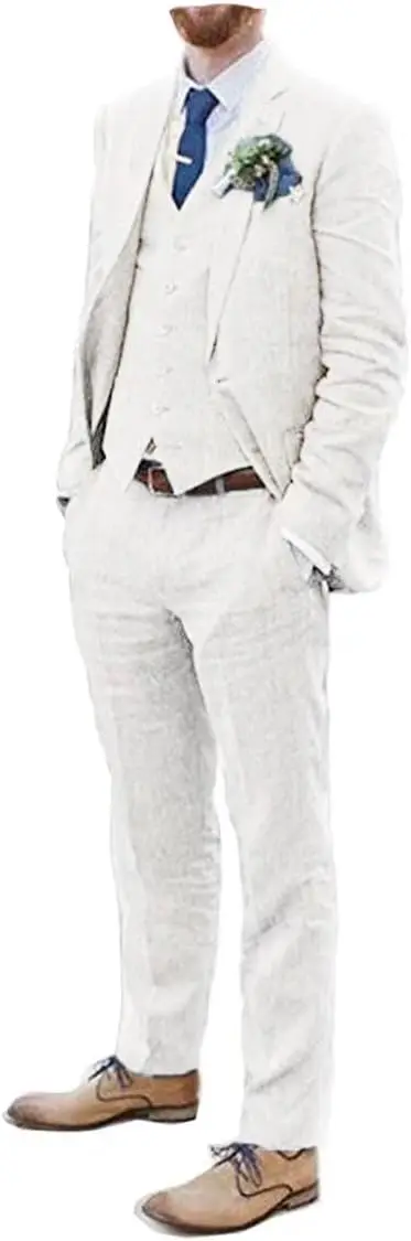 

Мужские костюмы, льняные пляжные свадебные костюмы, трехсекционный льняной пиджак для жениха, жилет, брюки, смокинг для выпускного вечера