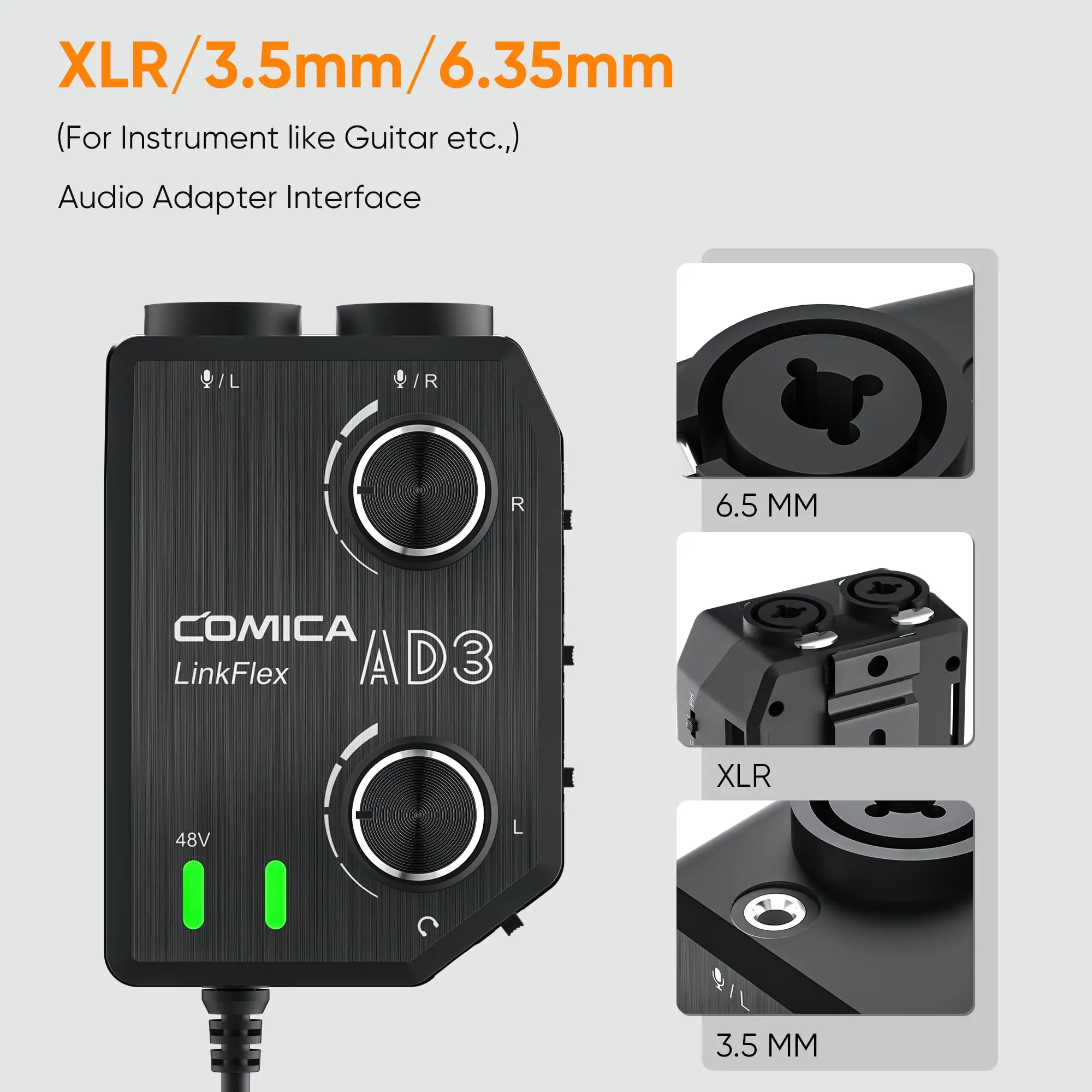 Adaptador de amplificador de microfone Comica LINKFLEX AD3 XLR/3.5mm/6.35mm-3.5mm Adaptador de pré-amplificador de microfone com 2 canais 48V Phantom Power Mixer para IOS Android Smartphones, Filmadoras, Câmeras DSLR
