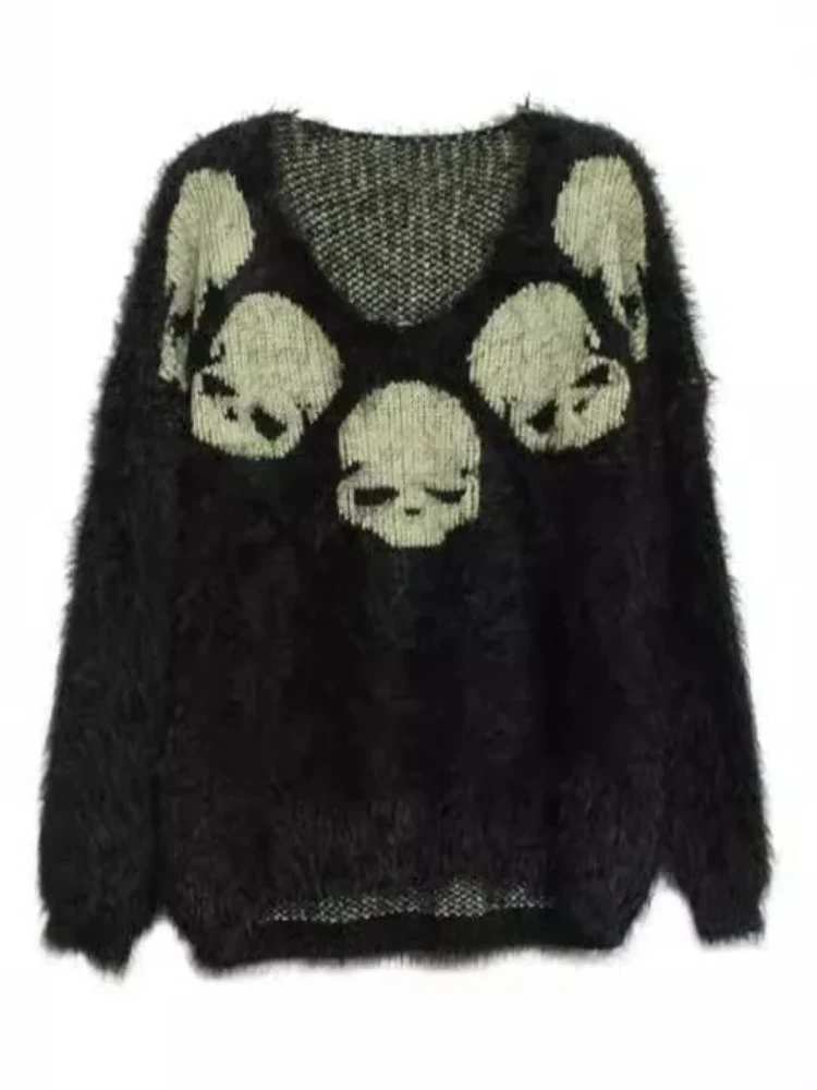 سترة ذات تصميم متخصص داكن، بلوفر عالي الشارع برقبة على شكل حرف V لخريف وشتاء، سترة متماسكة قوطية جديدة