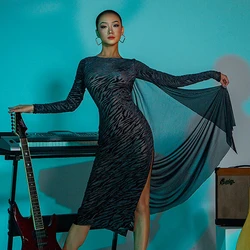 New Latin Dance Dress Women Long Sleeves Dress Ballroom Dance Performance Costume Tango Dance Wear Latin Practice Dress DNV16758