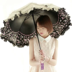 Sun Lace Umbrella Rain Women Sunscreen Korean Three Folding Umbrella UV Clear Princess Windproof Decoration Ombrello Gift SY259